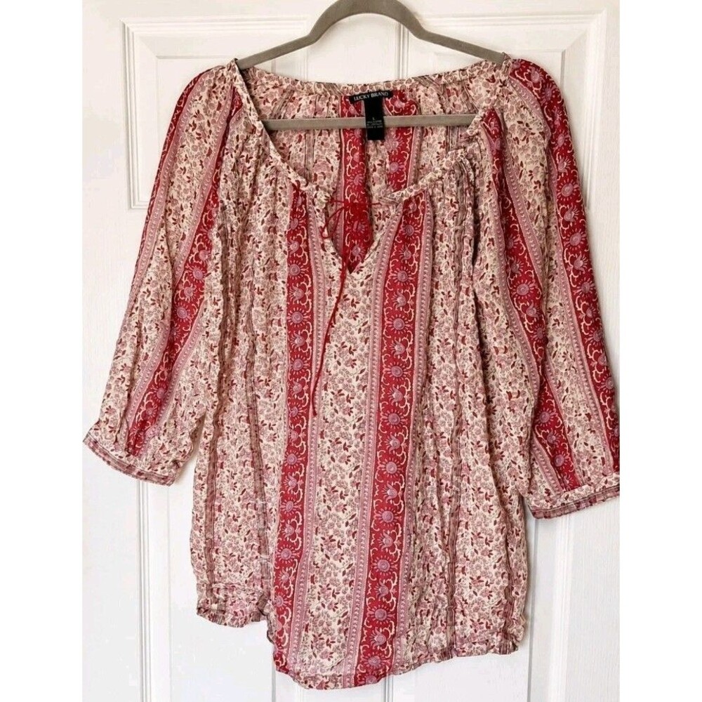 Lucky Brand Large Pink Red Metallic Cotton Peasant Tunic Top
